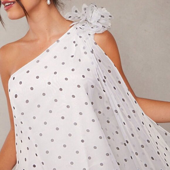 White Elegant Women's Polka Dot Off Shoulder Dress With Detachable Flower - Picture 2 of 5